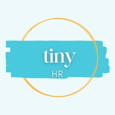 Tiny HR Logo, name inside blue brushstroke inside gold circle.